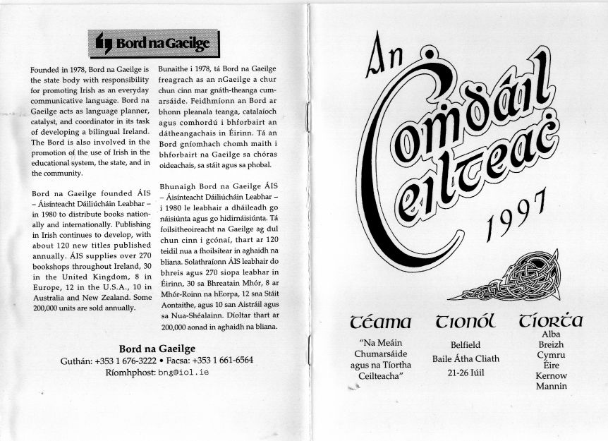 Information on The Celtic Congress at University College Dublin in Ireland 1997