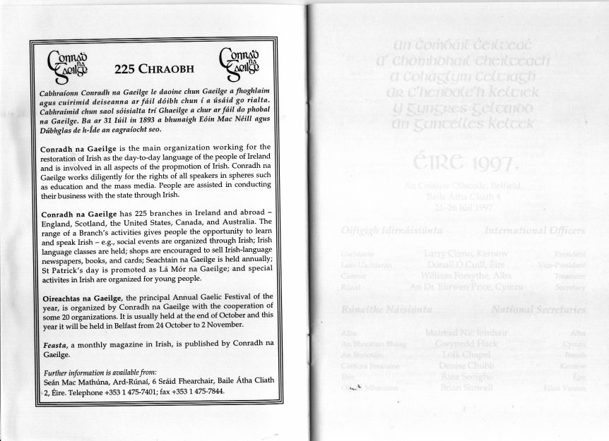 Information on The Celtic Congress at University College Dublin in Ireland 1997