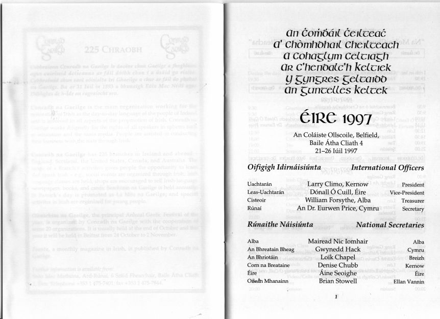 Information on The Celtic Congress at University College Dublin in Ireland 1997