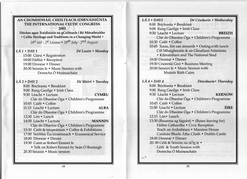 Information on The Celtic Congress at All Hallows College, Dublin in Ireland 2003